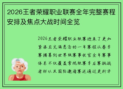 2026王者荣耀职业联赛全年完整赛程安排及焦点大战时间全览